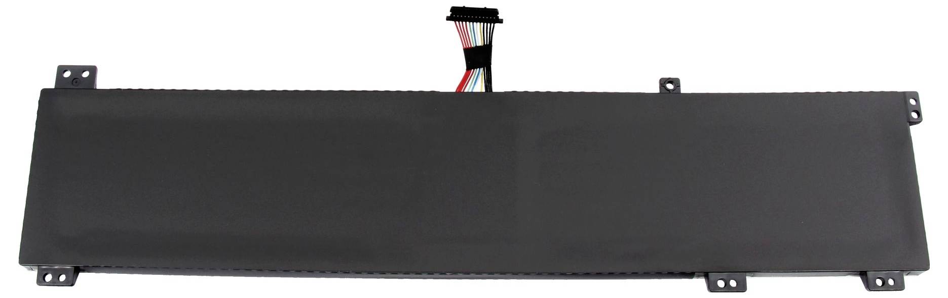 Schwarzer länglicher rechteckiger Batteriepack mit Montagelaschen und einem zentralen Steckverbinder auf weißem Hintergrund