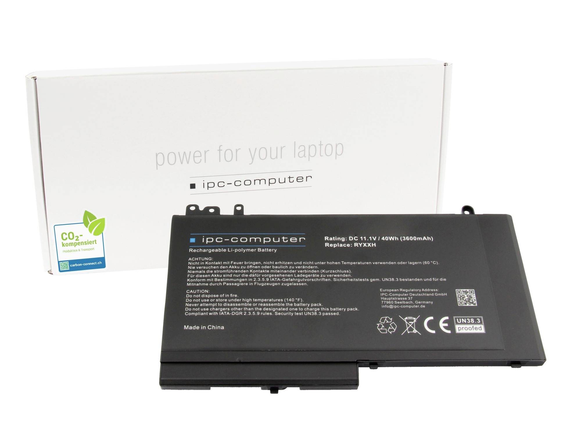 Laptop-Akku mit weißer ipd-Computer-Verpackung mit der Aufschrift „power for your laptop