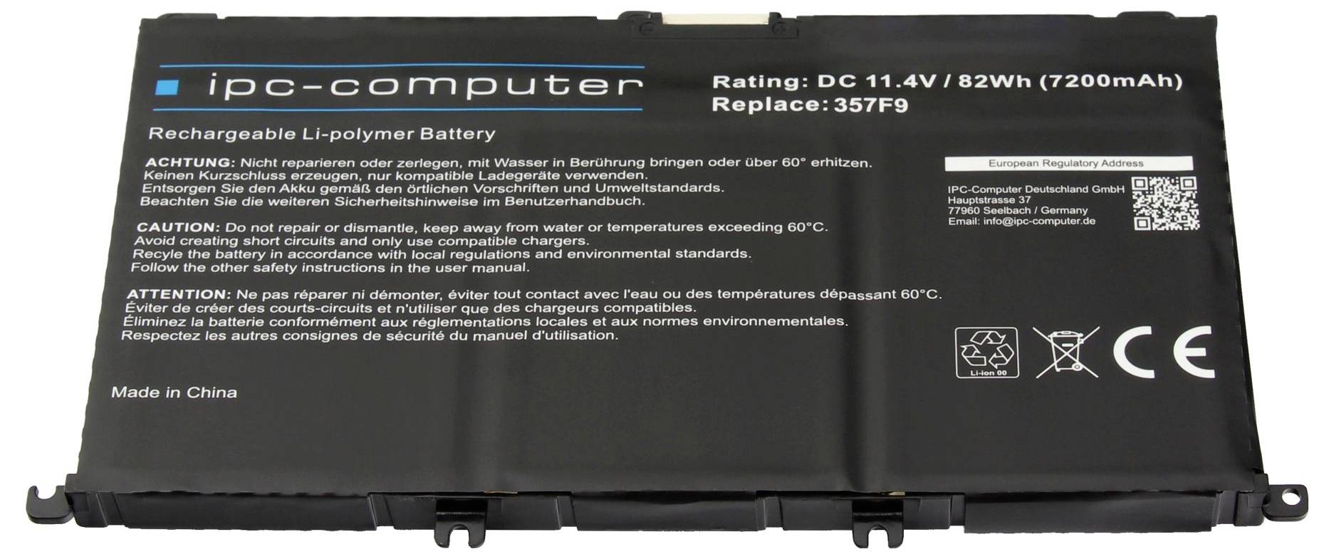 Schwarze Laptop-Batterie mit Kennzeichnung „ipc-computer", Nennleistung 11,4V 82Wh, Ersatzteil 357F9, mit Sicherheitswarnungen und CE-Kennzeichnung.