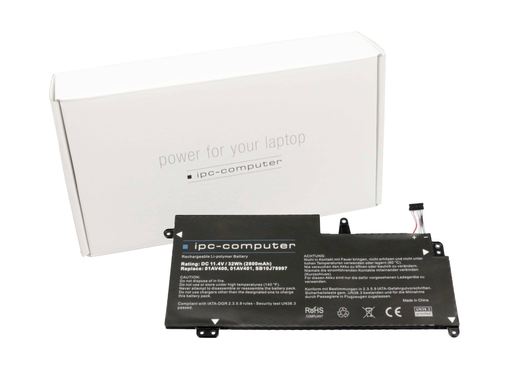 Laptop-Akku mit weißer Verpackungsbox mit der Aufschrift „Strom für Ihren Laptop