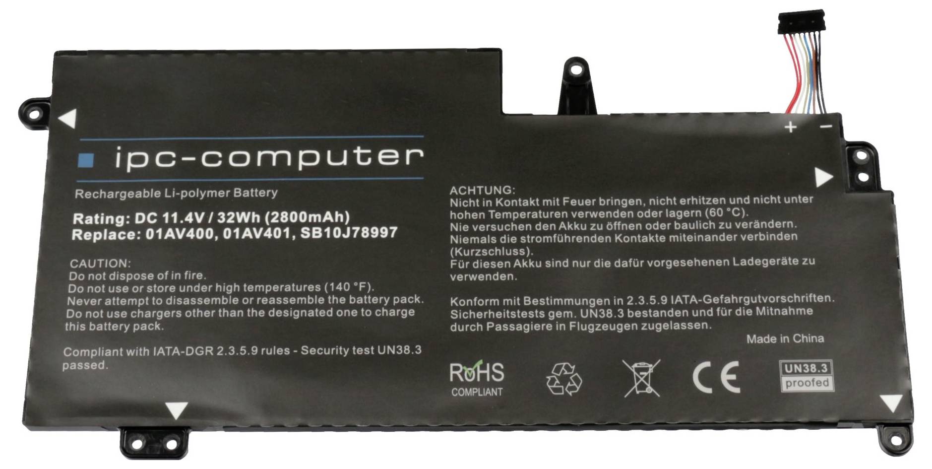 Schwarze IPC-Computer wiederaufladbare Li-Polymer-Laptop-Batterie mit Anschlussleitungen und Etiketten mit Angaben von 11,1V, 32Wh, 2800mAh.
