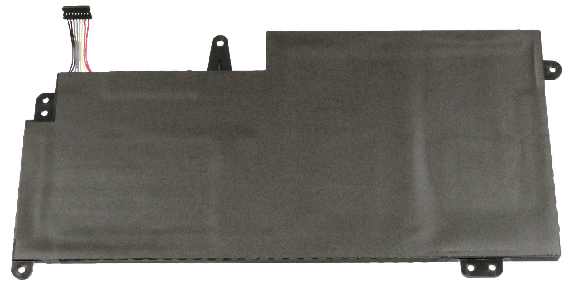 Schwarzes rechteckiges Laptop-Akkupack mit angebrachtem Stecker und Kabeln