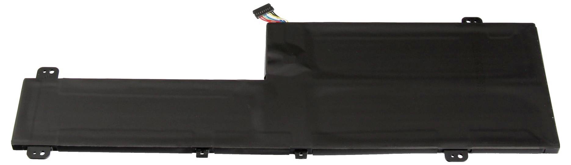 Schwarzes rechteckiges Batteriepack mit Anschlusslaschen und Befestigungsöhren, auf weißem Hintergrund gezeigt.