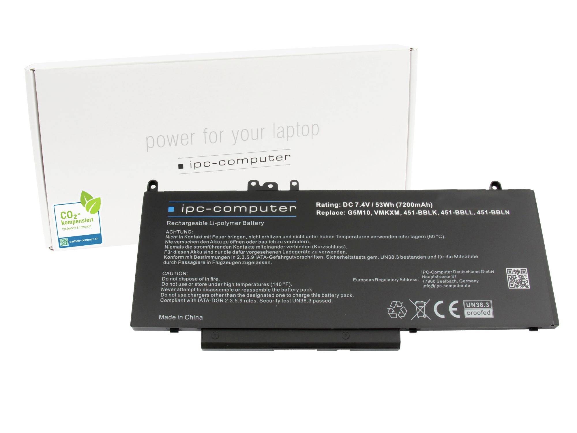 Ersatz-Laptop-Akku vor seiner weißen Verpackung mit der Aufschrift „Stromversorgung für Ihren Laptop