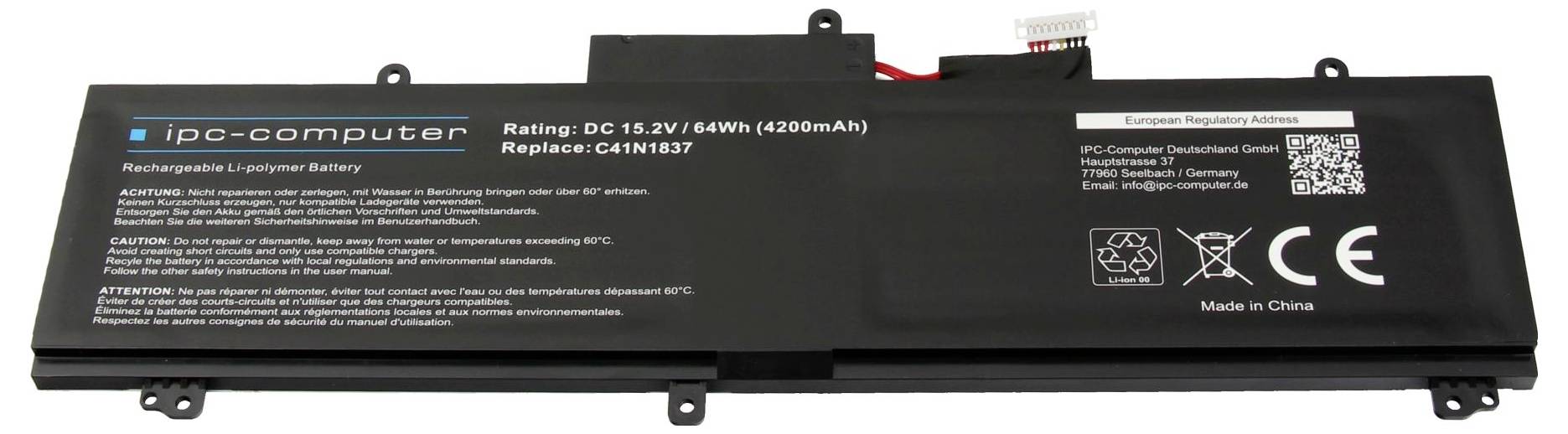 Schwarzer Ersatz-Laptop-Akku mit Bezeichnung 'ipo-computer', 15,2V 64Wh, mit Anschlussverbinder und Zertifizierungsmarkierungen.