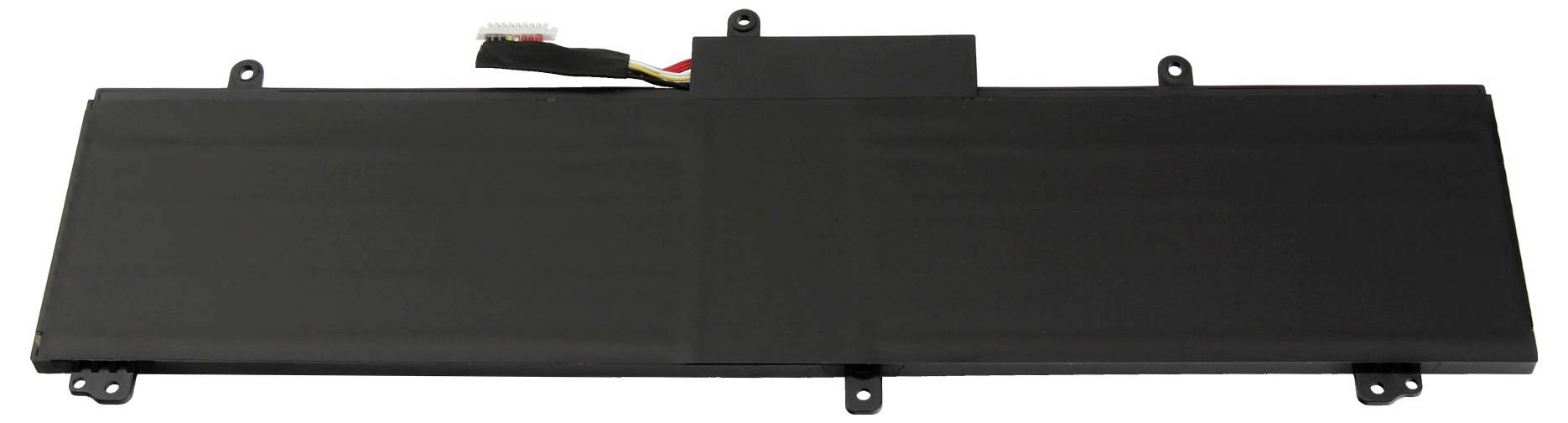 Langer schwarzer rechteckiger elektronischer Anzeigebereich mit Montagelaschen und einem Steckerverbinder, wahrscheinlich ein Display- oder Batteriemodule.