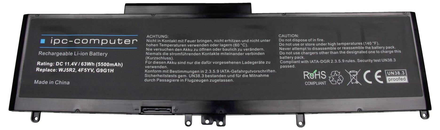 Schwarzer Ersatz-Laptop-Akku mit der Bezeichnung „ipc-computer", mit Sicherheitswarnungen und Zertifizierungszeichen auf einem rechteckigen Akku-Pack.
