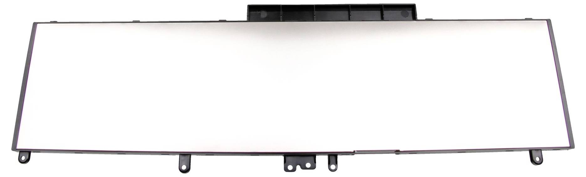 Leeres rechteckiges Whiteboard mit dünnem dunklem Rahmen und Befestigungshaltern, frontal vor weißem Hintergrund dargestellt.