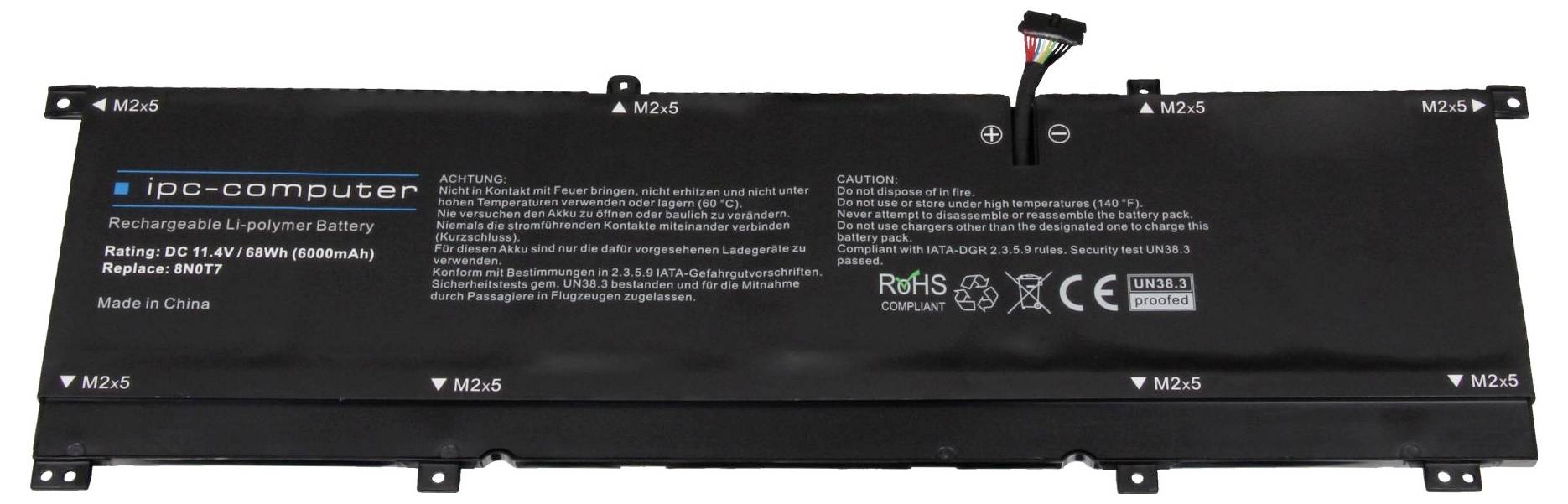 Schwarzes Laptop-Akkupack mit der Bezeichnung „iPS-computer", versehen mit Warntext und Zertifizierungsmarken, auf weißem Hintergrund dargestellt.