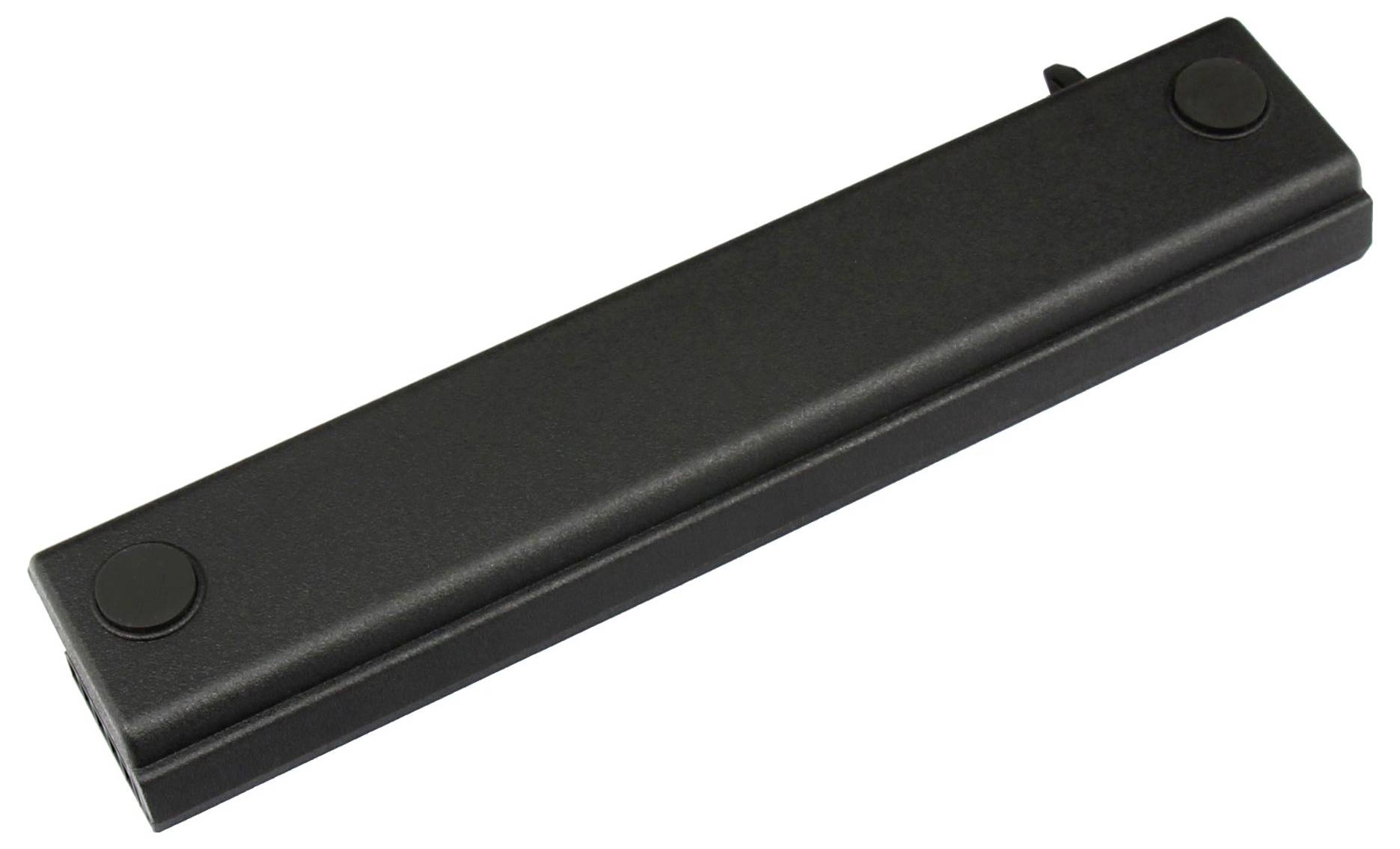 Schwarzes rechteckiges Batteriepaket mit zwei kreisförmigen Endkappen, gezeigt auf weißem Hintergrund.