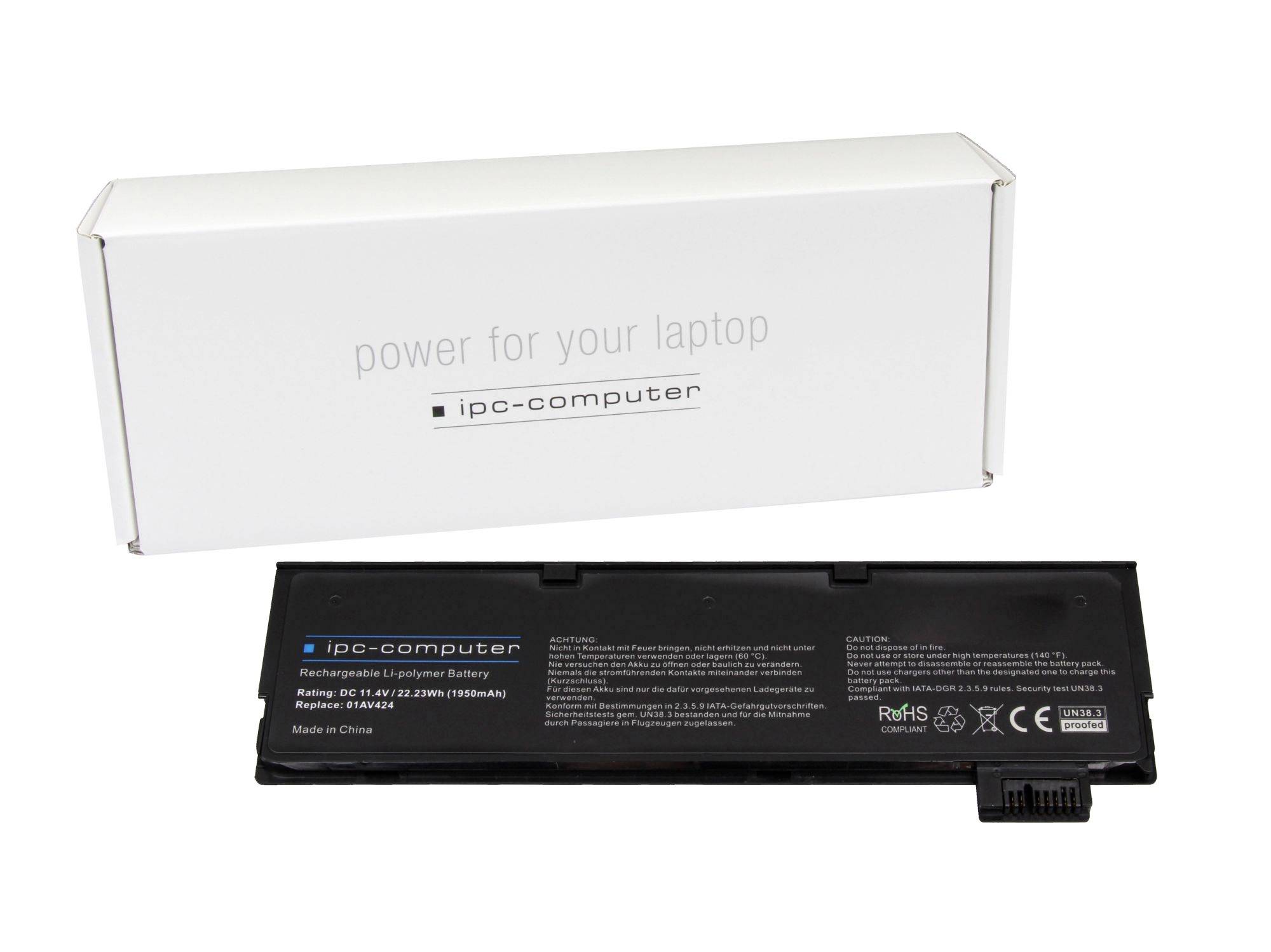 Laptop-Akku mit weißem Einzelhandelskarton, auf dem „Strom für Ihren Laptop