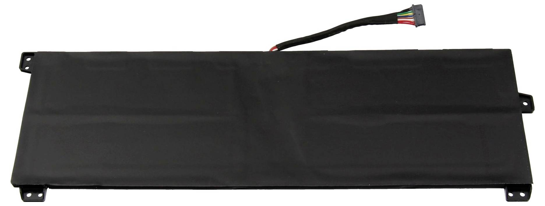 Schwarzes rechteckiges elektronisches Batteriepack mit angelegtem Kabel und Befestigungslaschen auf weißem Hintergrund.