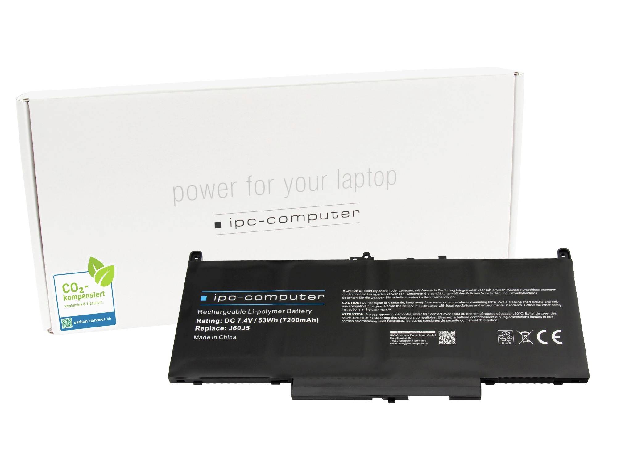 Laptop-Ersatzbatterie vor weißem IPC-Computer-Gehäuse mit der Aufschrift 