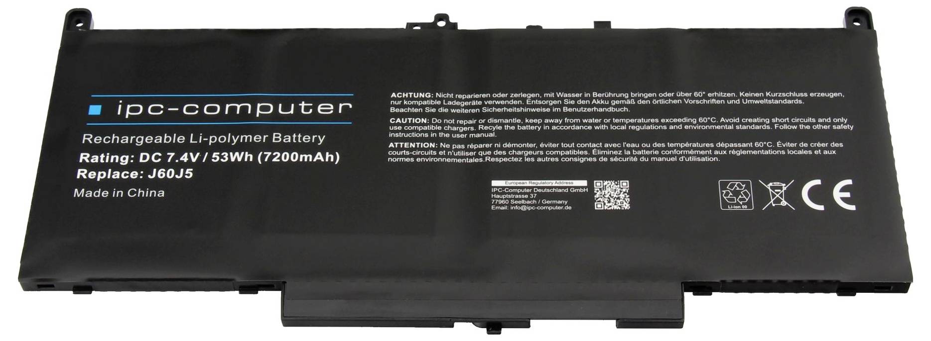 Schwarzer IPC-Computer wiederaufladbarer Li-Polymer-Laptopakku mit der Bezeichnung DC 7,4V, 53Wh, 7200mAh, Ersatz 5005; hergestellt in China.