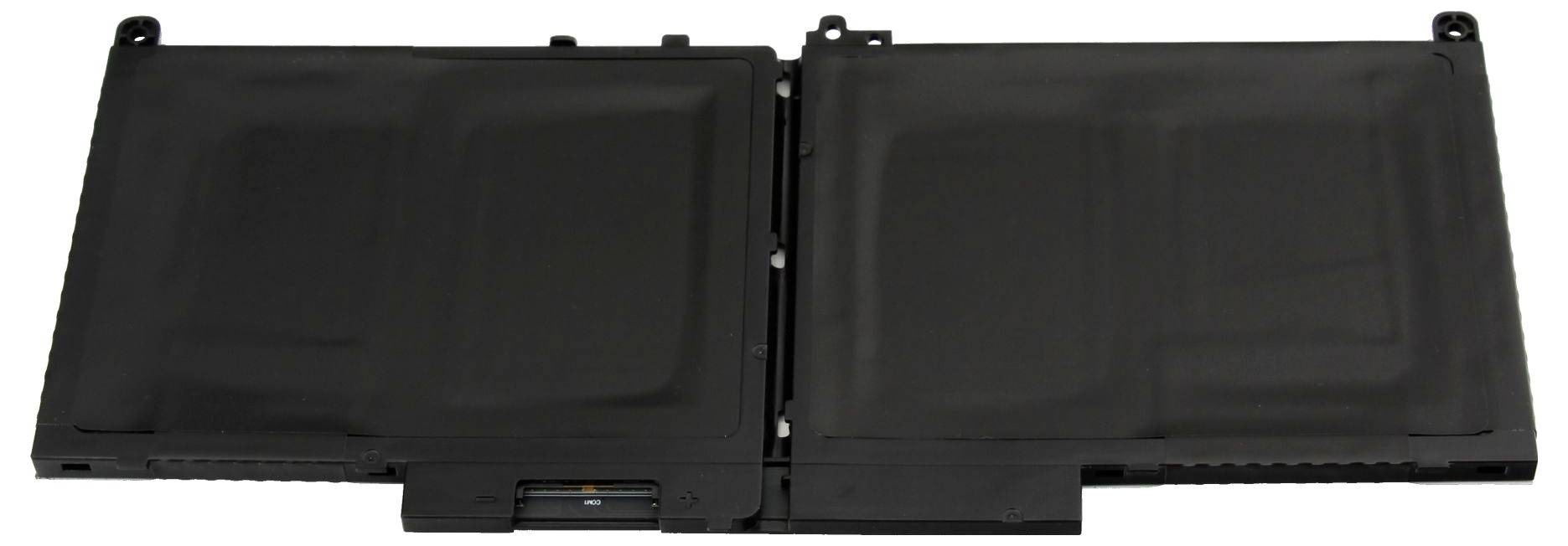 Schwarzer zweiteiliger Laptop-Bildschirm oder Monitor-Deckel, der flach offen dargestellt ist, mit zentralem Scharnier und Verschlüssen, isoliert auf weißem Hintergrund.