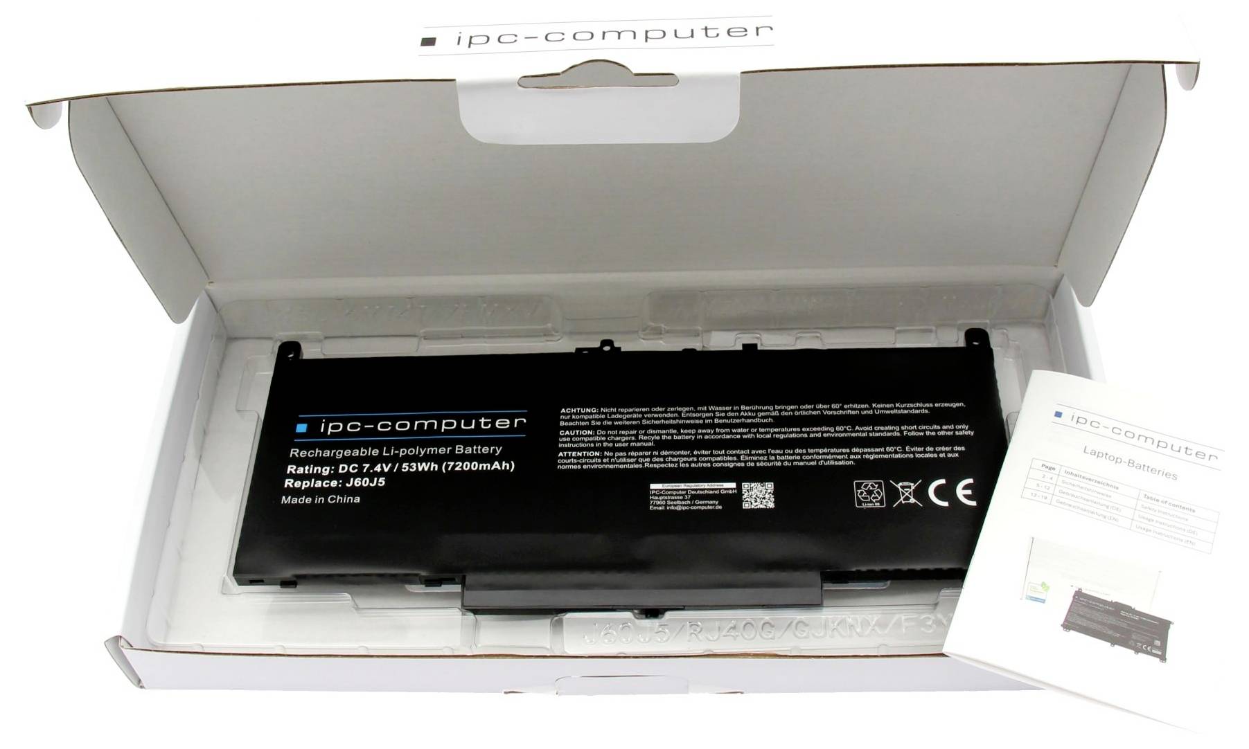Offene Schachtel mit einem wiederaufladbaren Laptop-Akku für einen IPC-Computer und einem Instructionblatt