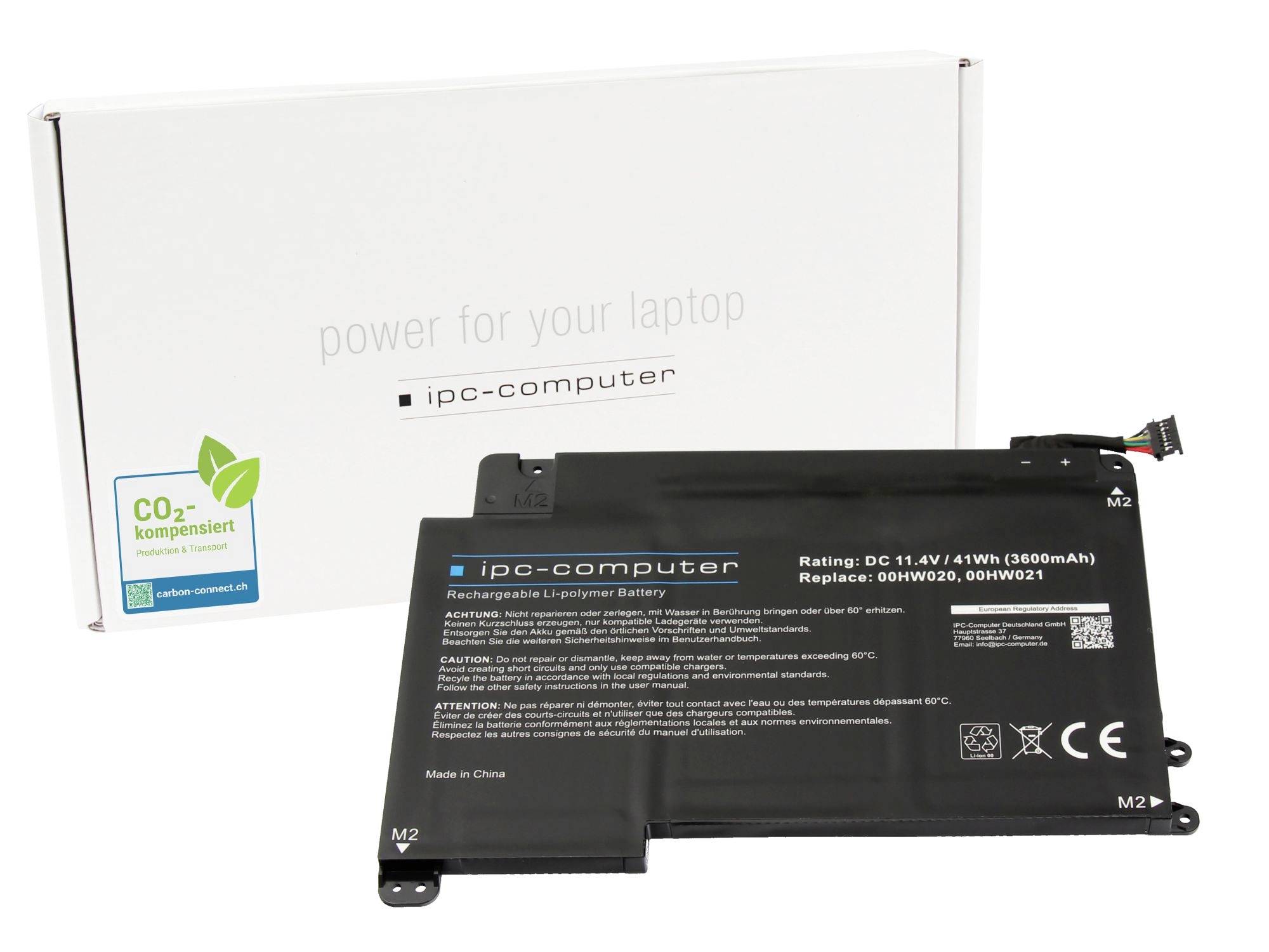 Schwarzes Laptop-Akku-Pack von IPC-Computer vor seiner weißen Schachtel, mit den Aufschriften „Power für deinen Laptop