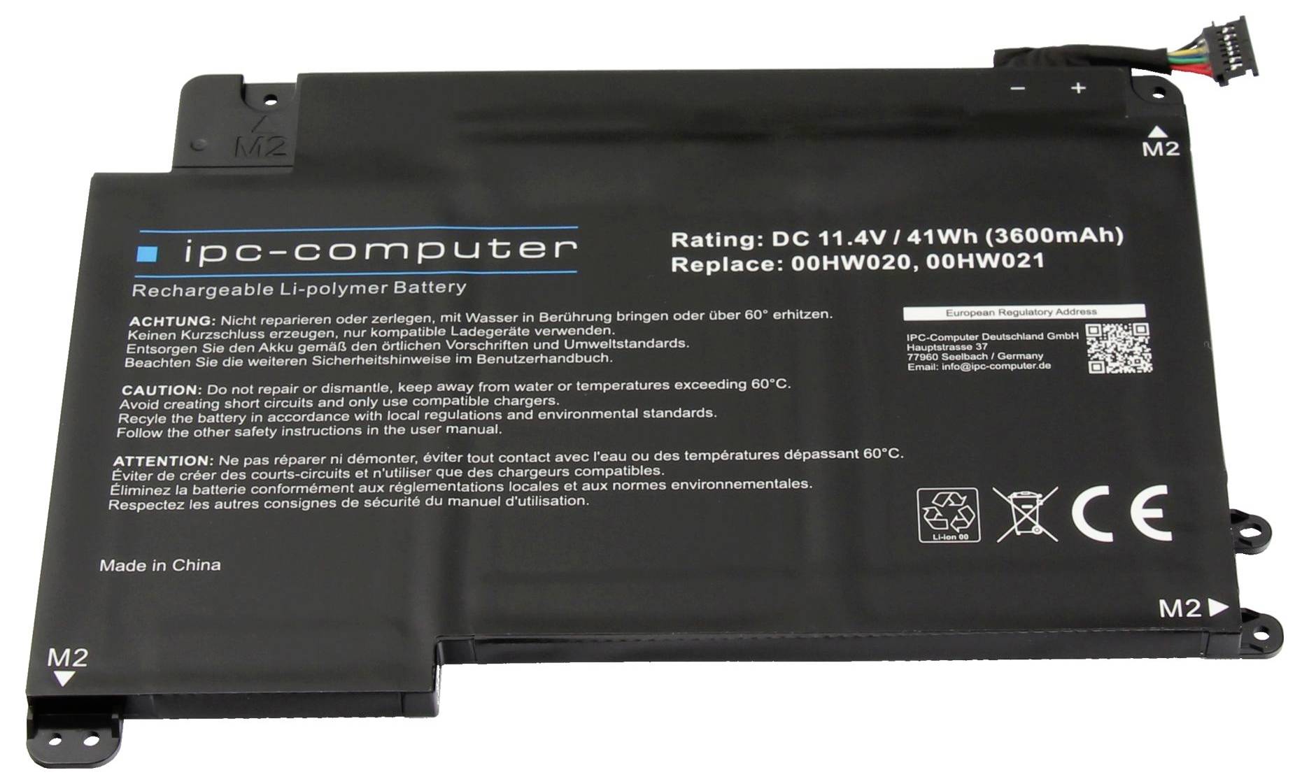 Schwarzer IPC-Computer Akku aus wiederaufladbarem Li-Polymer für Laptops mit der Bezeichnung „DC 11,4V / 41Wh (3600mAh)" mit Steckverbinder und Befestigungslaschen.