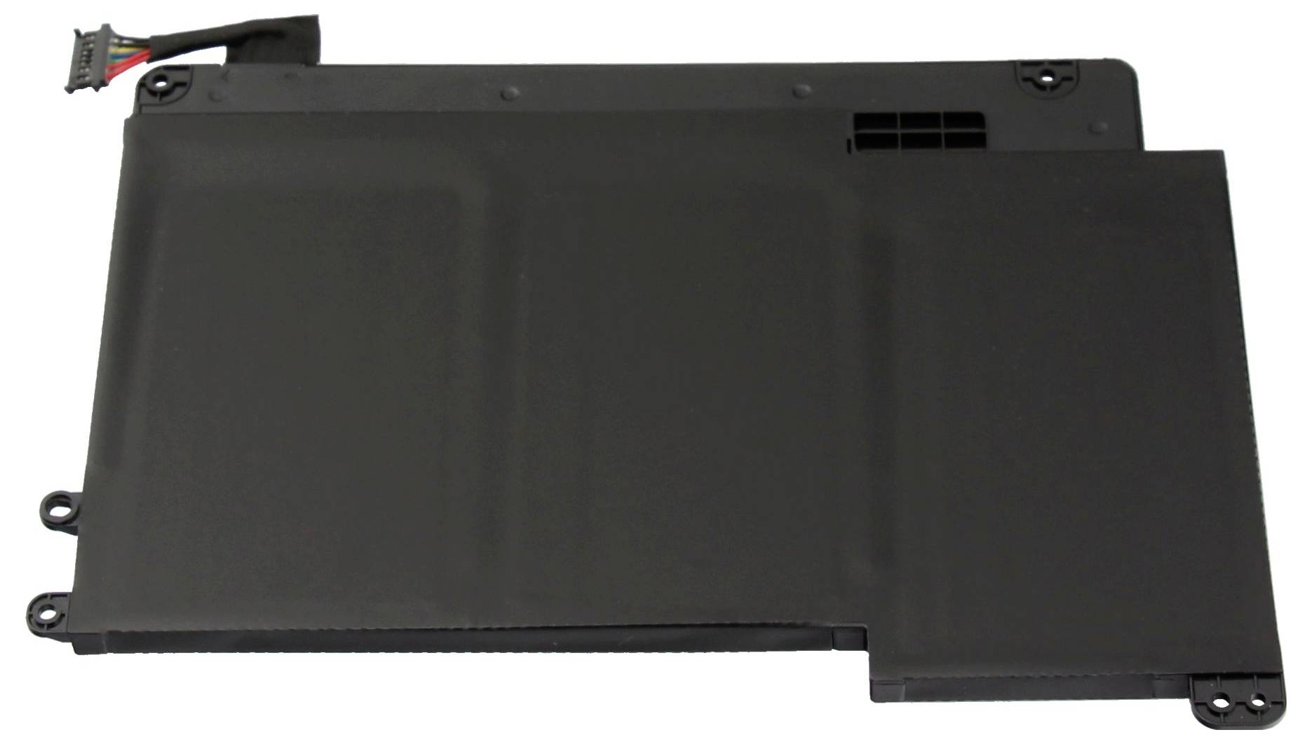 Schwarzes Laptop-Batteriepack mit Anschlusskabel und Befestigungslaschen, isoliert auf weißem Hintergrund dargestellt.