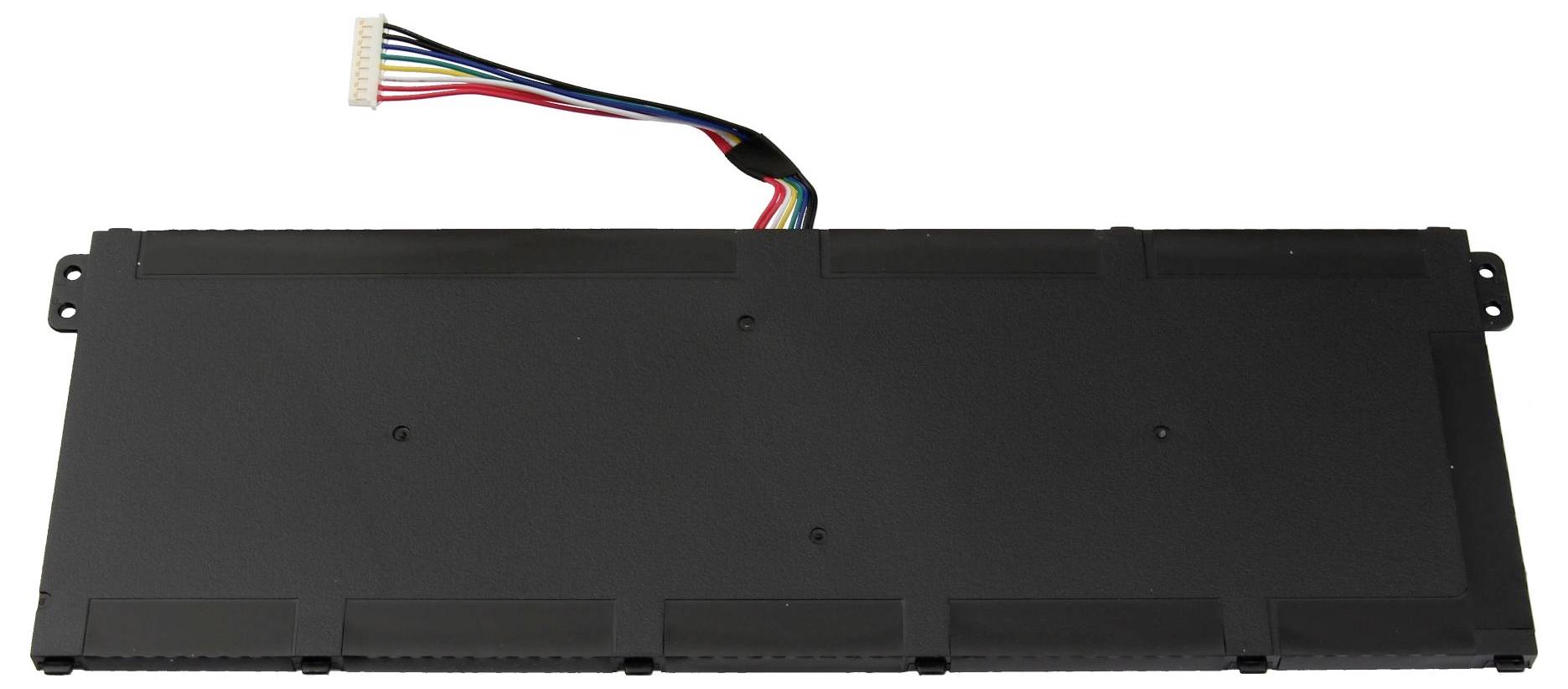 Schwarzes rechteckiges Elektronikmodul mit mehrfarbigem Flachbandkabel, das sich von der oberen Kante erstreckt, und Befestigungslaschen auf beiden Seiten.