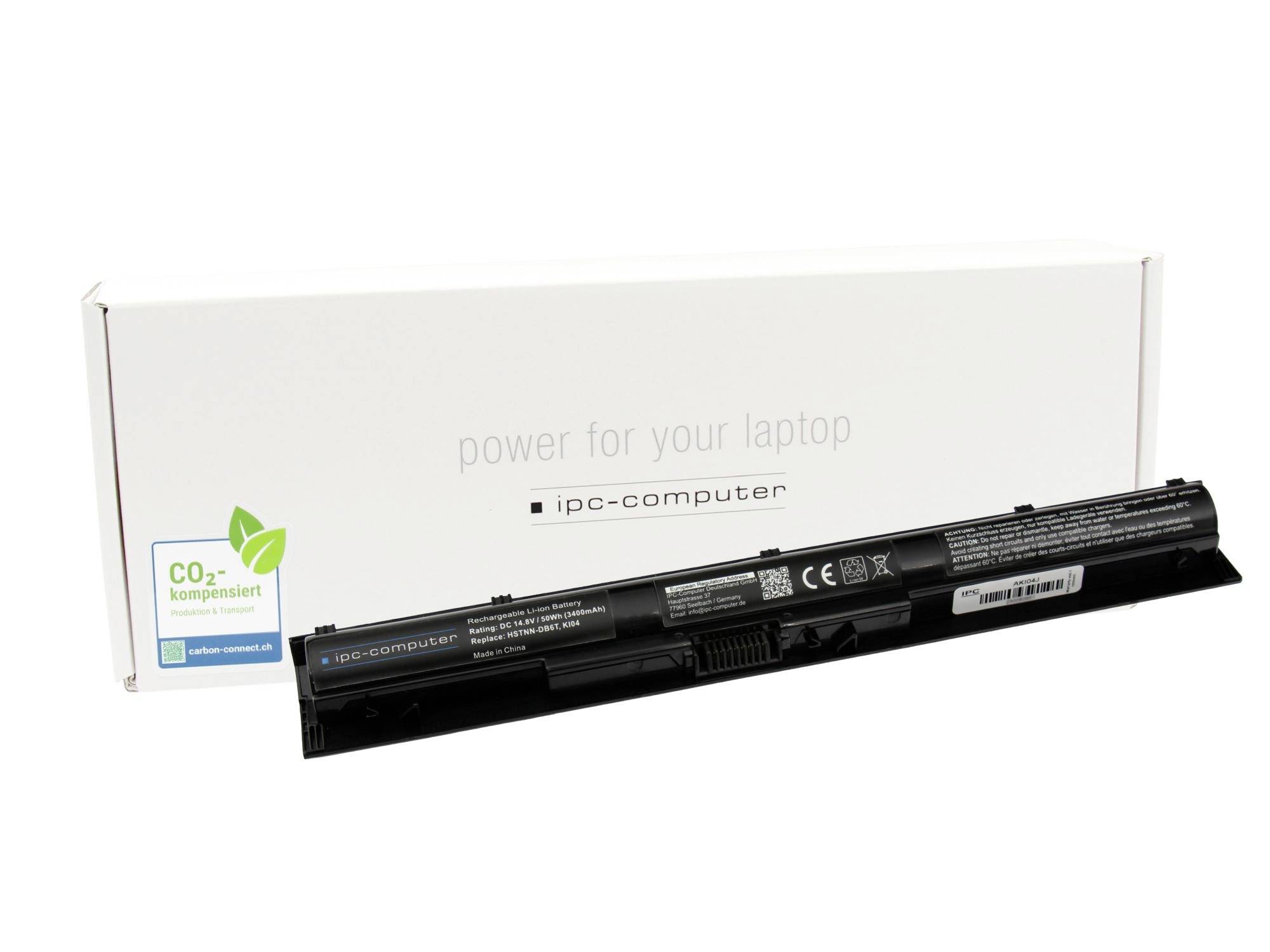 Schwarzer Laptop-Akku vor weißer „ipc-computer