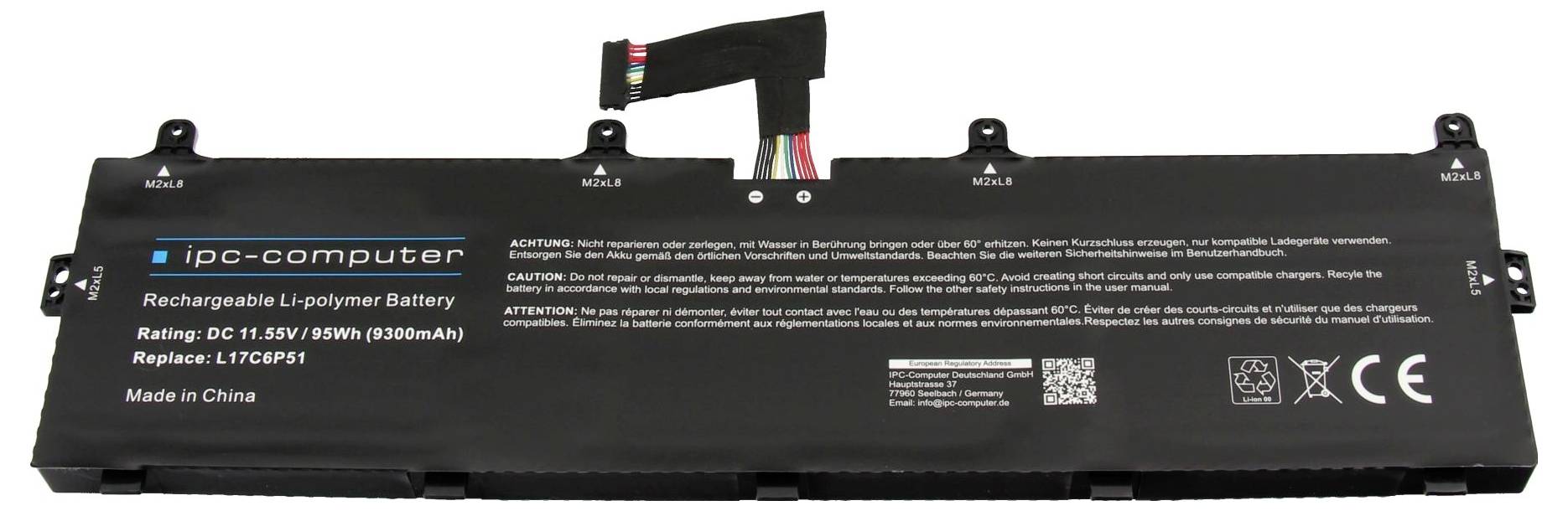 Schwarze IPC-Computer wiederaufladbare Li-Polymer-Batteriepacks mit Warnetiketten, Anschlüssen und gedruckten Modell-/Austschinformationen.