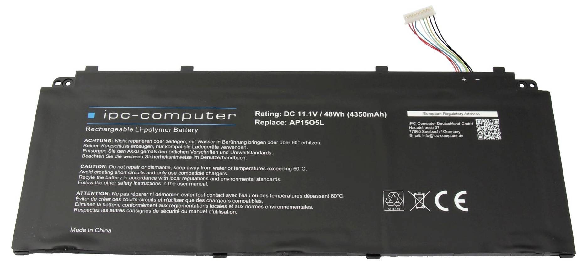 Schwarzer iDC-Computer wiederaufladbarer Lithium-Polymer-Akku mit der Bezeichnung 11,1V 48Wh 4350mAh mit angeschlossenem mehrfarbigem Steckerkabel.