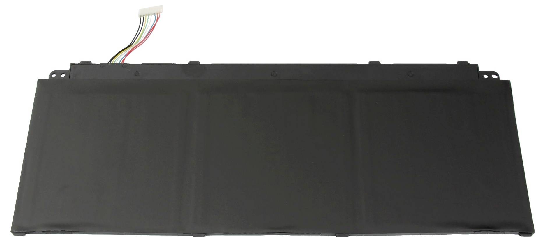Schwarzes rechteckiges Batteriepack mit angeschlossenem mehrfarbigem Steckverbinder auf weißem Hintergrund.