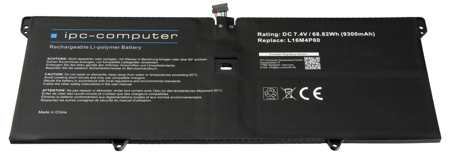 Schwarzer wiederaufladbarer Laptop-Akku mit der Bezeichnung „ipc-computer", mit Spezifikationen und QR-Code auf dem Gehäuse.
