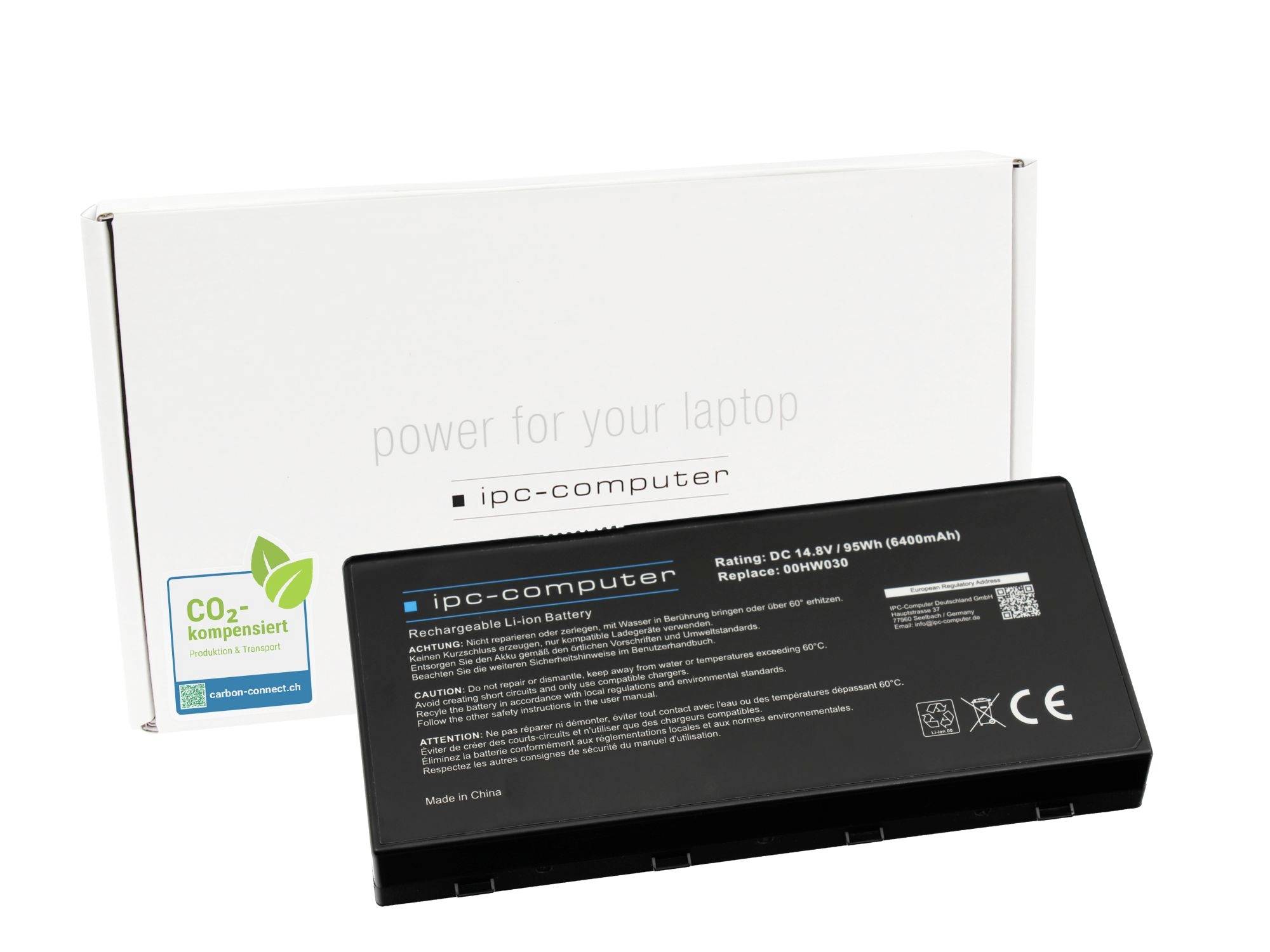 Schwarzer IPC-Computer wiederaufladbarer Laptop-Akku vor weißer Verpackung mit der Aufschrift „Power für deinen Laptop