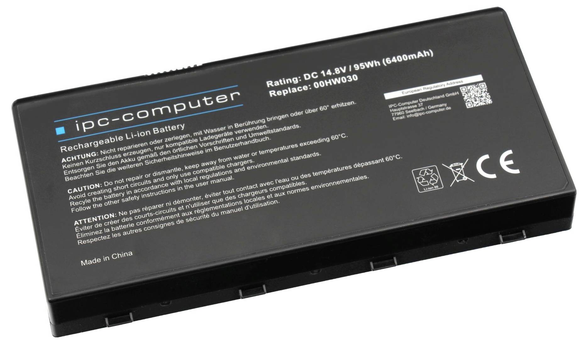 Schwarzes Laptop-Akku-Pack mit der Bezeichnung „ipc-computer" mit den Spezifikationen 14,8V 95Wh und einem QR-Code, auf weißem Hintergrund dargestellt.