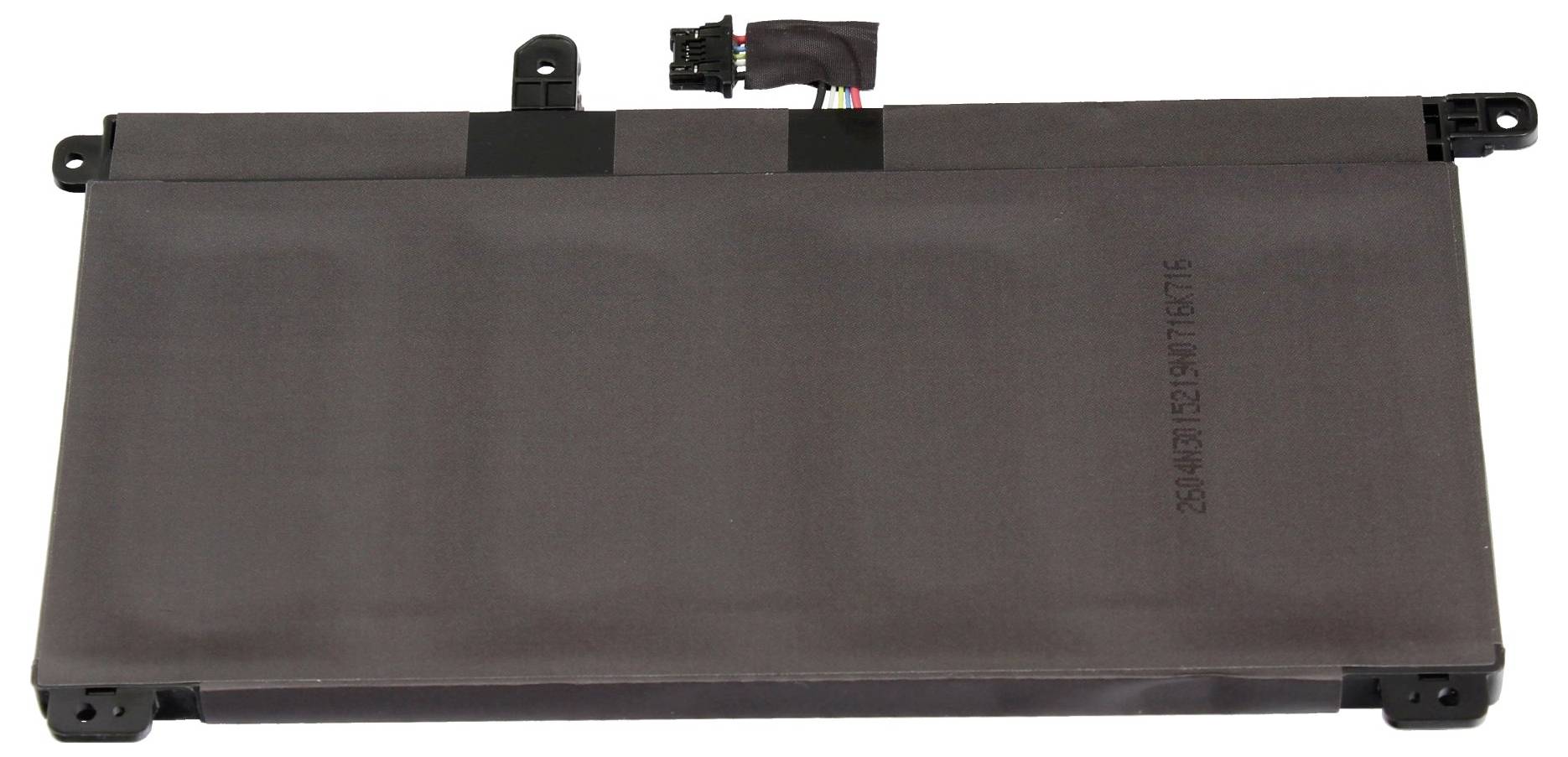 Langliches rechteckiges Laptop-Akku-Pack mit Stecker an der Oberseite und Befestigungslaschen an den Ecken.