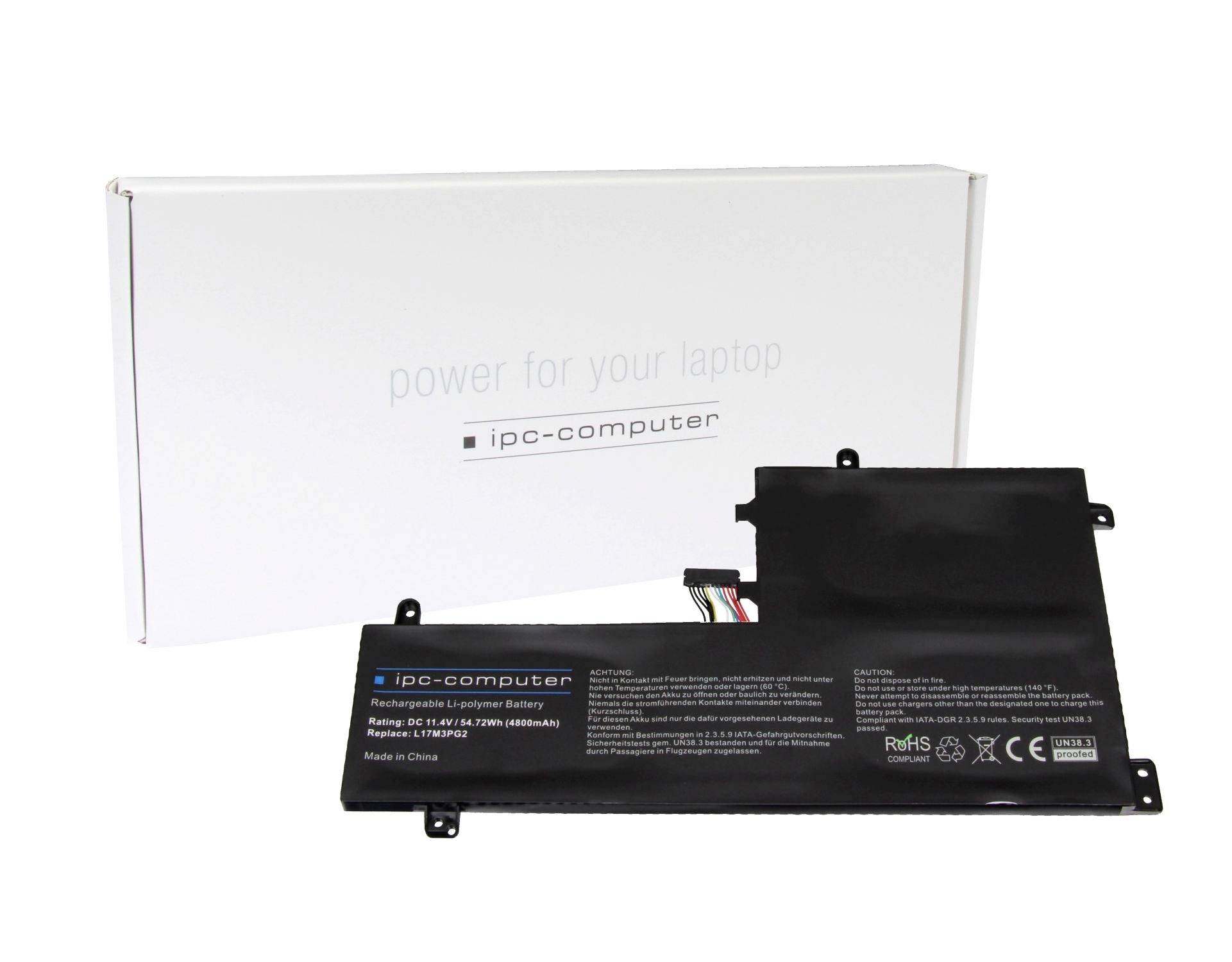 Laptop-Akku und Verpackungsbox mit der Bezeichnung „ipc-computer