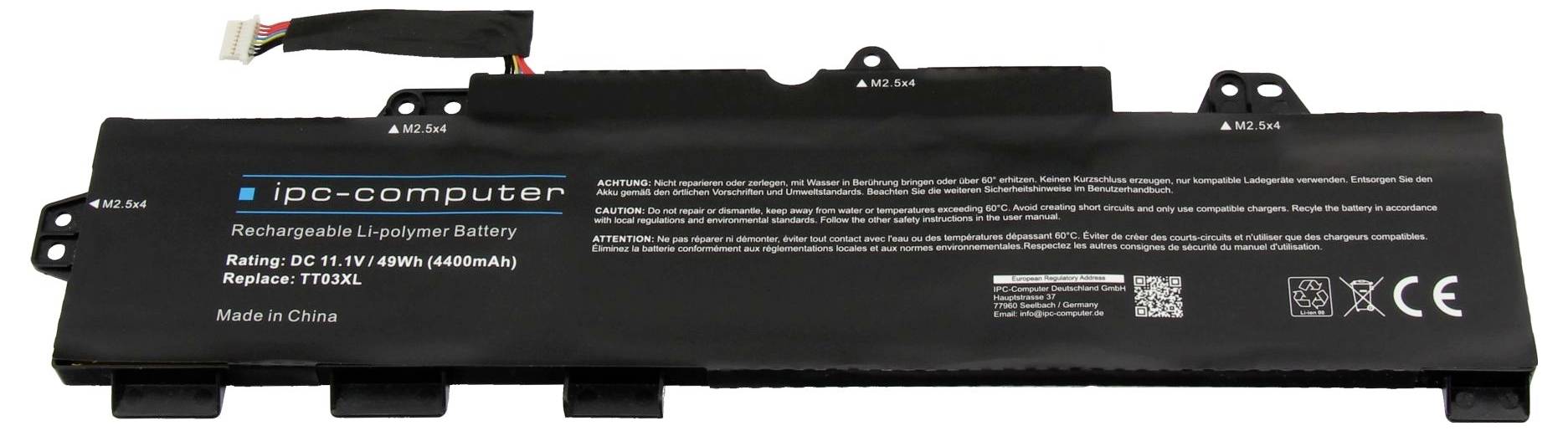 Schwarzes Laptop-Akkupack mit Kennzeichnung ip-computer, 10,8V 4400mAh, mit Warntext und Anschlüssen auf weißem Hintergrund.