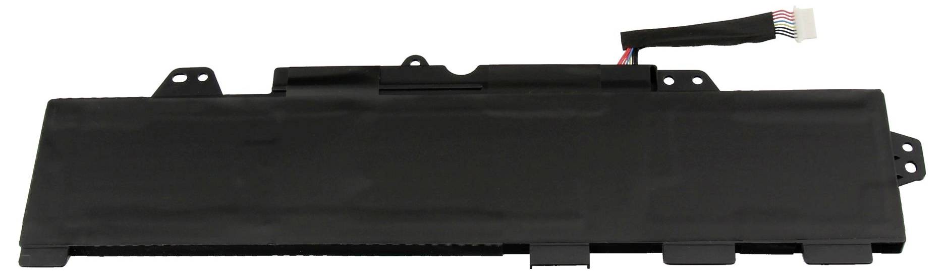 Schwarzes rechteckiges elektronisches Batteriepak mit angebrachter Verkabelung und Befestigungslaschen, dargestellt auf weißem Hintergrund.