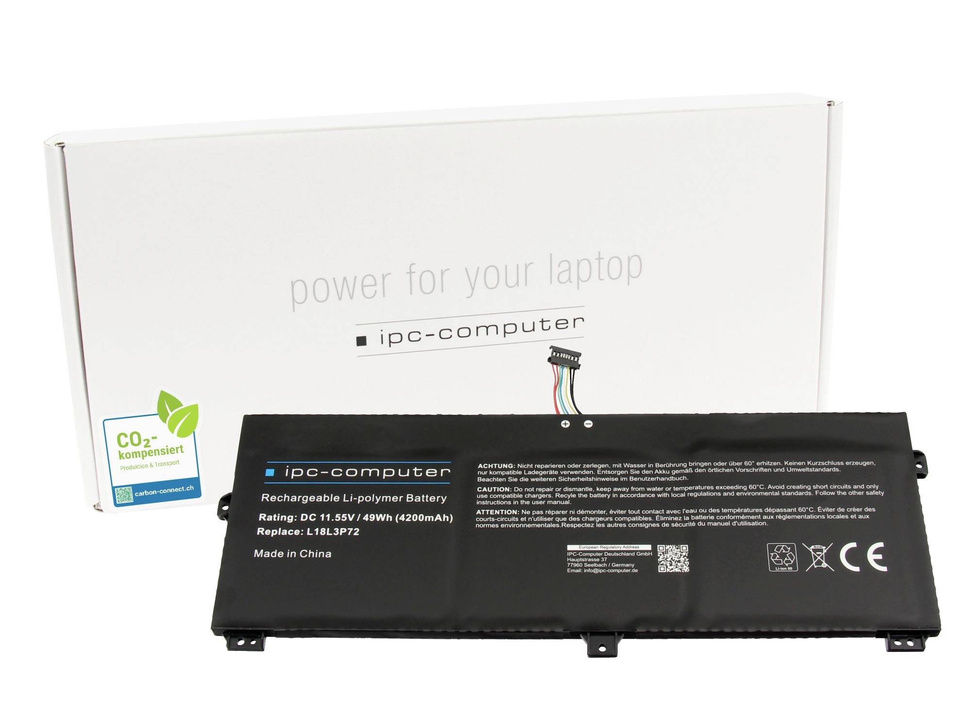 Laptop-Batterieersatz-Set mit schwarzem wiederaufladbarem Li-Polymer-Akku von IPC-Computer vor einer weißen Schachtel mit der Aufschrift 