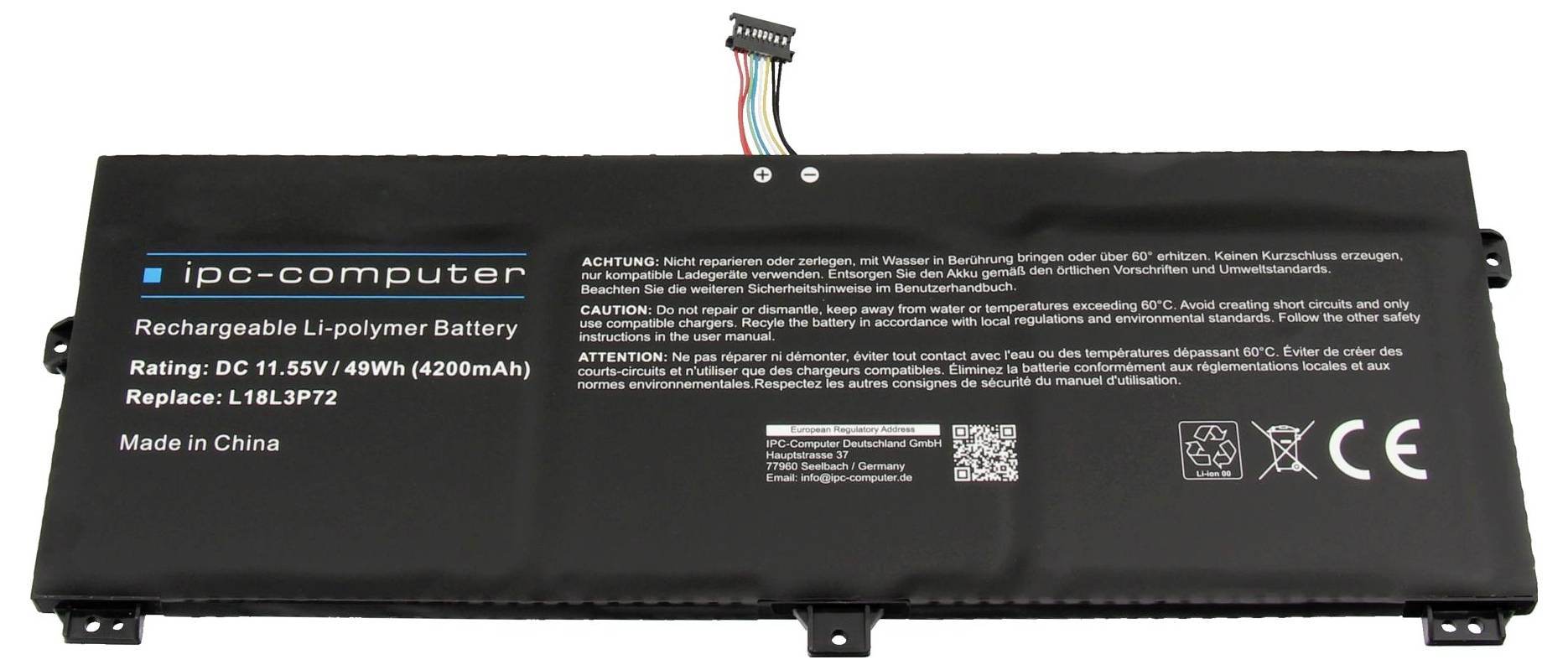 Schwarzes wiederaufladbares Lithium-Polymer-Akkupack mit der Bezeichnung „ipc-computer" mit Verkabelung und Sicherheits-/CE-Kennzeichnungen auf weißem Hintergrund.
