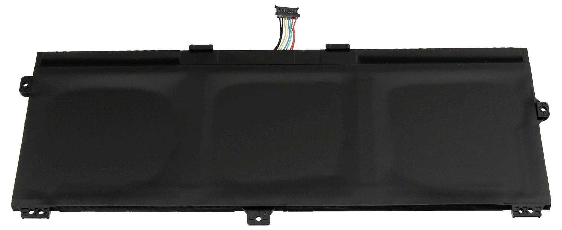 Schwarzes rechteckiges elektronisches Modul oder Batteriepack mit Befestigungslaschen und einem kurzen mehrfarbigen Kabelbaum oben, gezeigt auf weißem Hintergrund.
