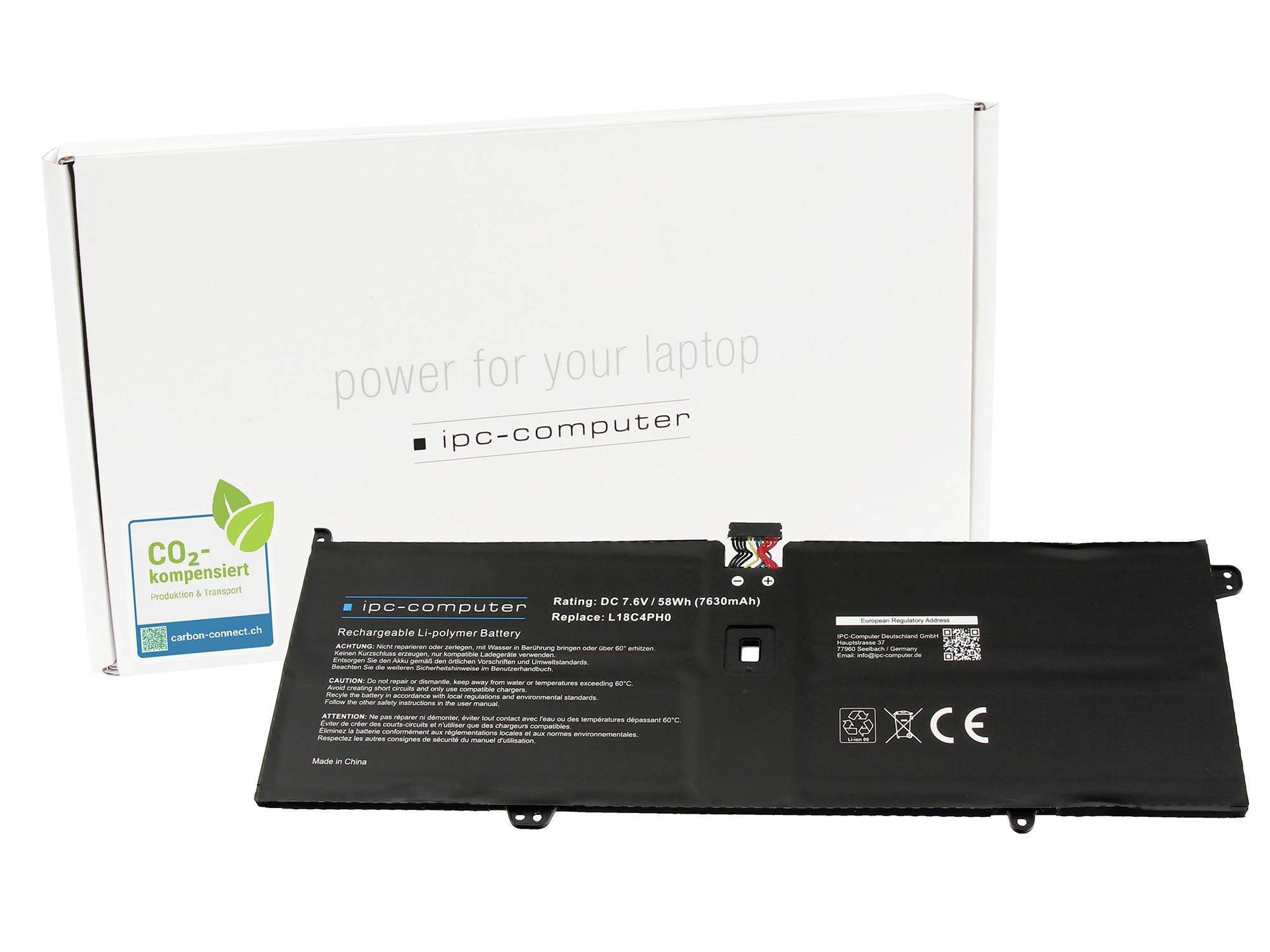 Laptop-Akkupack vor einer IPC-Computer-Box mit der Aufschrift 