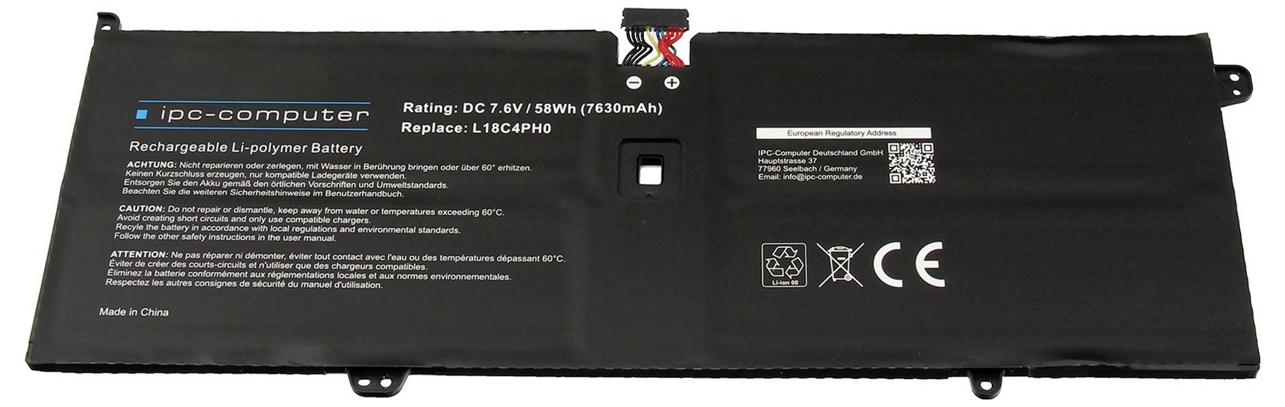 Schwarzes IPC-Computer-Akku-Pack aus wiederaufladbarem Li-Polymer mit Kennzeichnung „DC 7,6V / 58Wh (7630mAh)" mit Stecker und Konformitätssymbolen