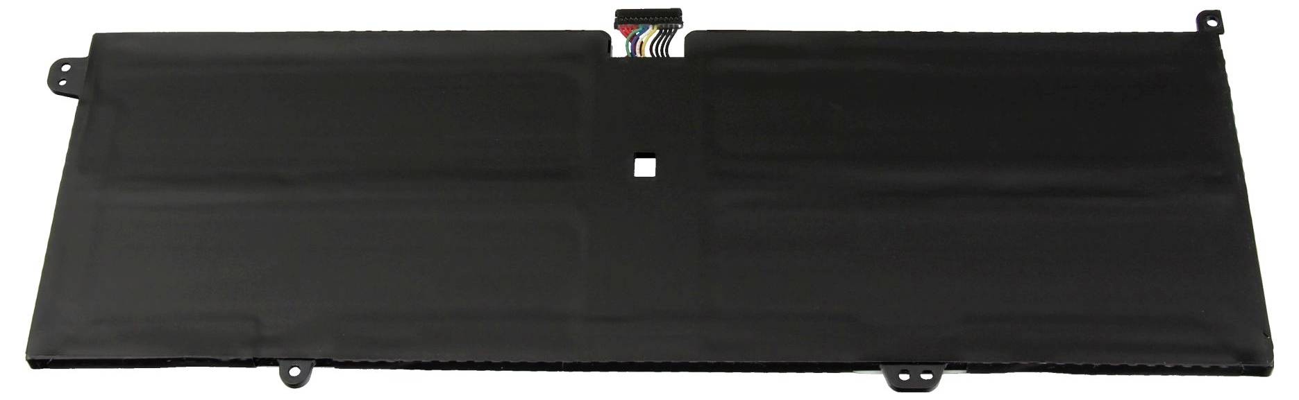 Schwarze rechteckige Laptop-Batterie mit Anschlussfahnen und Befestigungspunkten, isoliert auf weißem Hintergrund dargestellt.