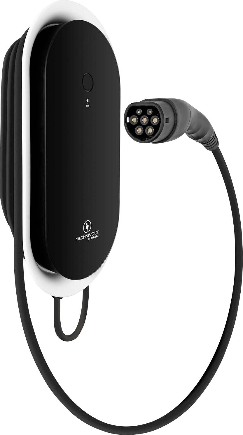 Schwarze wandmontierte Ladestation für Elektrofahrzeuge mit angeschlossenem Kabel und rundem Steckverbinder auf weißem Hintergrund.