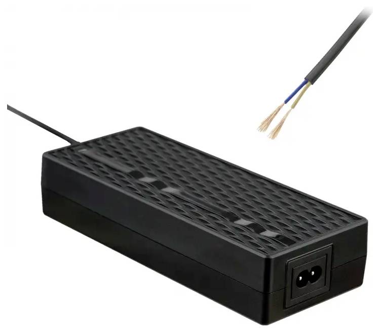 Schwarzes rechteckiges Netzteil oder Akkupack mit freiliegendem Kabel und abisoliertem Drahtende oben rechts dargestellt.
