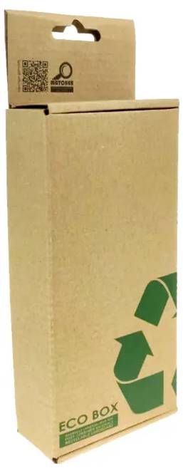 Brauner Karton mit Aufhängelaschen, QR-Code und grünem Recycling-Logo mit der Bezeichnung „ECO BOX".