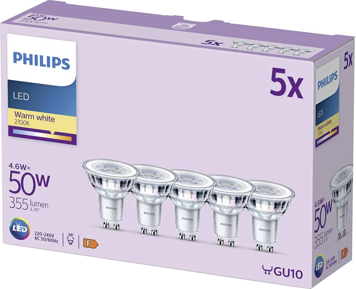 Philips 5er-Pack GU10 LED-Lampen, warmweiß 2700K, 4,6W entspricht 50W, 355 Lumen.
