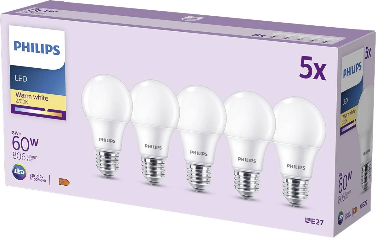 Packung mit fünf Philips LED-Glühbirnen in Warmweiß mit 60-W-Äquivalent und E27-Sockeln, gezeigt auf der Produktverpackung.