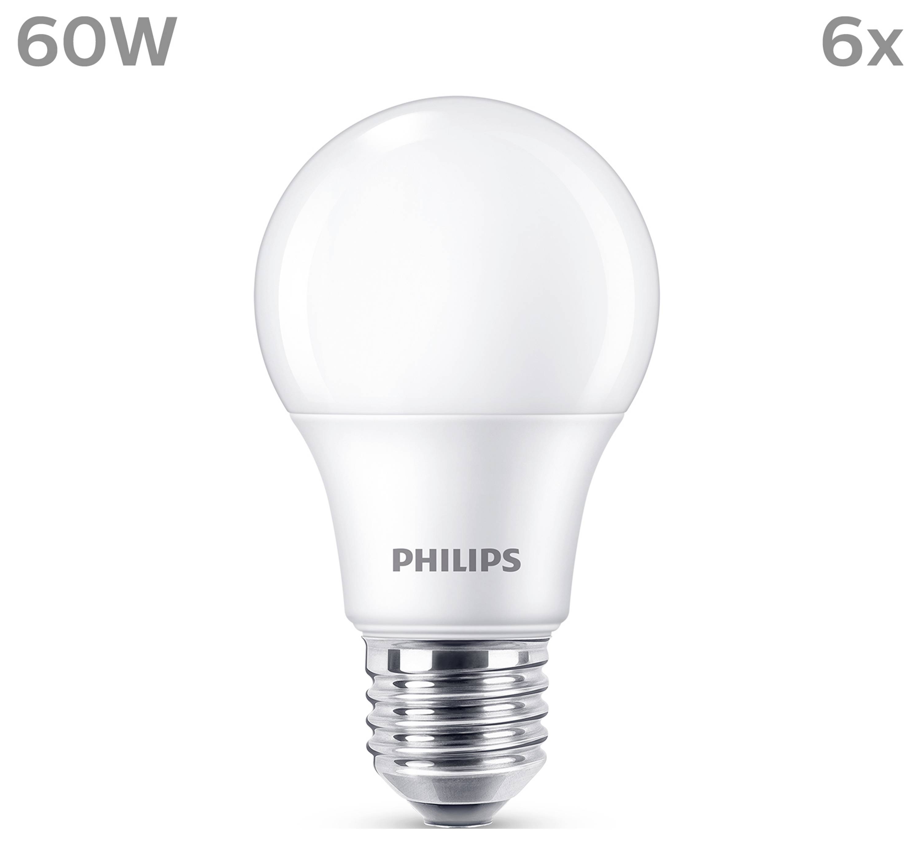 Philips 60-W-Glühbirne, Vorderansicht auf weißem Hintergrund, beschriftet mit „6x" für ein Sechserpack.
