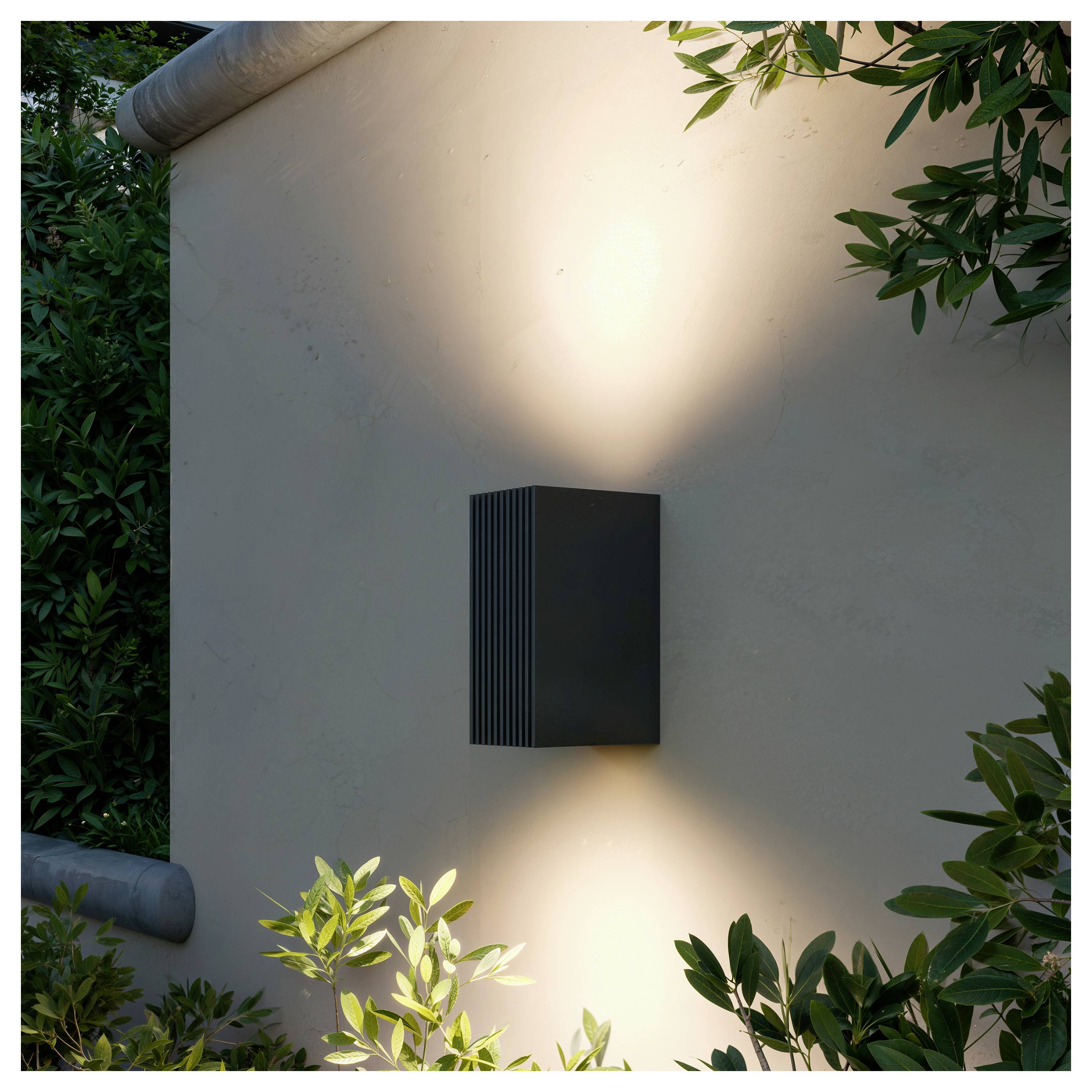 Schwarz montierte Außenleuchte an der Wand wirft warmes Licht nach oben und unten auf eine beige Wand, umrahmt von umgebender Grünflächenvegetation.