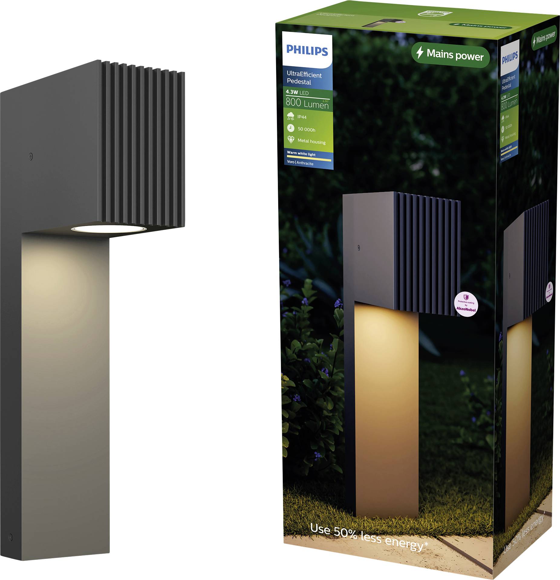 Schwarze Philips Außenwandleuchte, beleuchtet neben ihrer Produktbox mit der Aufschrift 800 Lumen und „Netzstrom