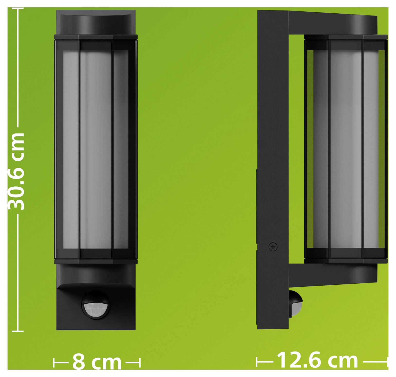 Schwarze Wandleuchte, dargestellt in Front- und Seitenansicht auf grünem Hintergrund, gekennzeichnet mit 30,6 cm Höhe, 8 cm Breite und 12,6 cm Tiefe.